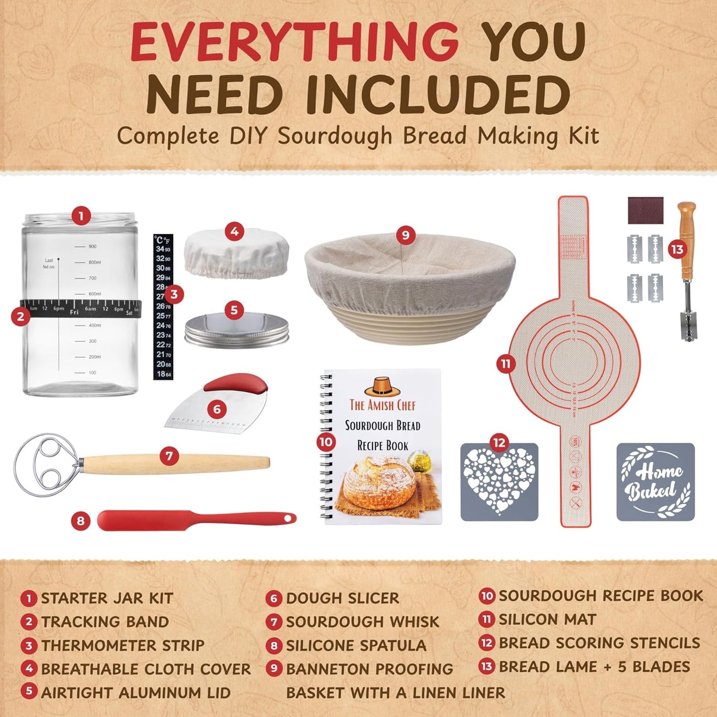 Complete Sourdough Bread Starter Kit, Glass Sourdough Starter Jar Kit & Tons of Sourdough Baking Supplies