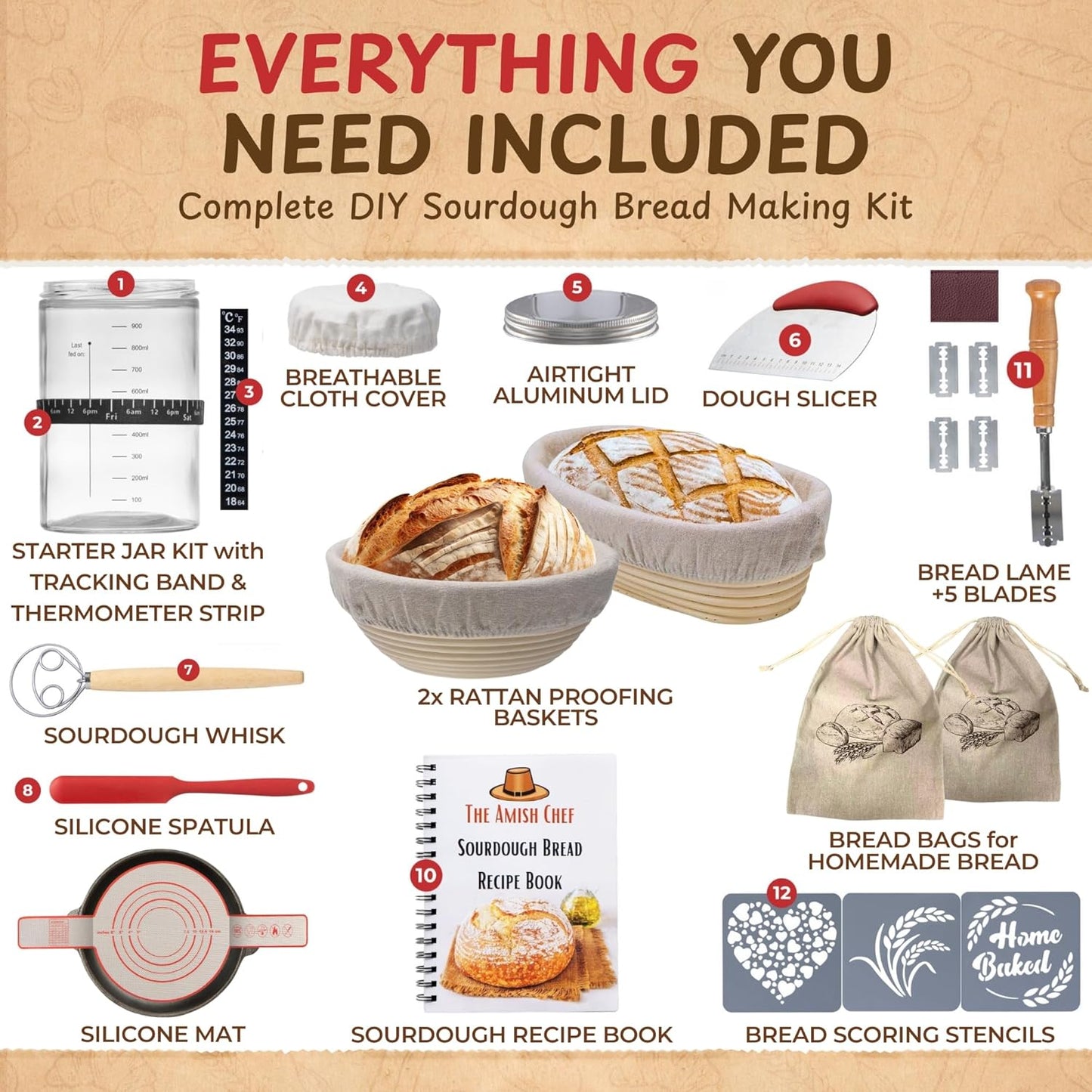 Complete Sourdough Bread Starter Kit, Glass Sourdough Starter Jar Kit & Tons of Sourdough Bread Baking Supplies