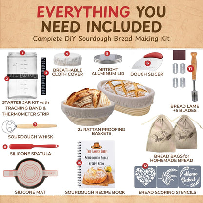 Complete Sourdough Bread Starter Kit, Glass Sourdough Starter Jar Kit & Tons of Sourdough Bread Baking Supplies