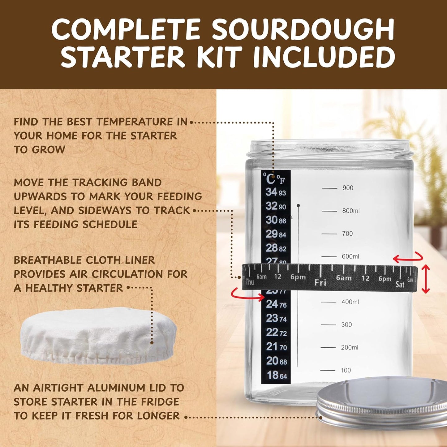 Complete Sourdough Bread Starter Kit, Glass Sourdough Starter Jar Kit & Tons of Sourdough Bread Baking Supplies