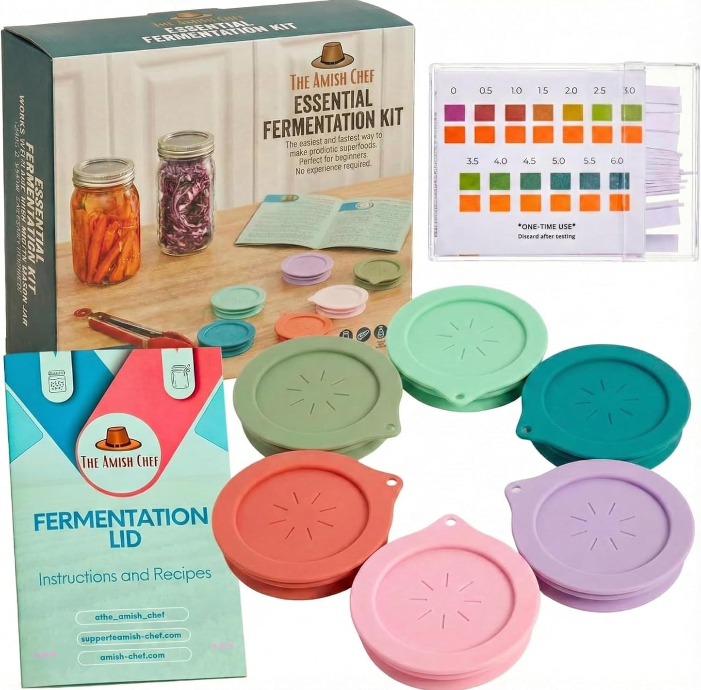 Fermentation Kit for Wide Mouth Mason Jar by The Amish Chef - Pickle Kit, Kimchi, Sauerkraut Making Kit - Fermentation Airlock Lids