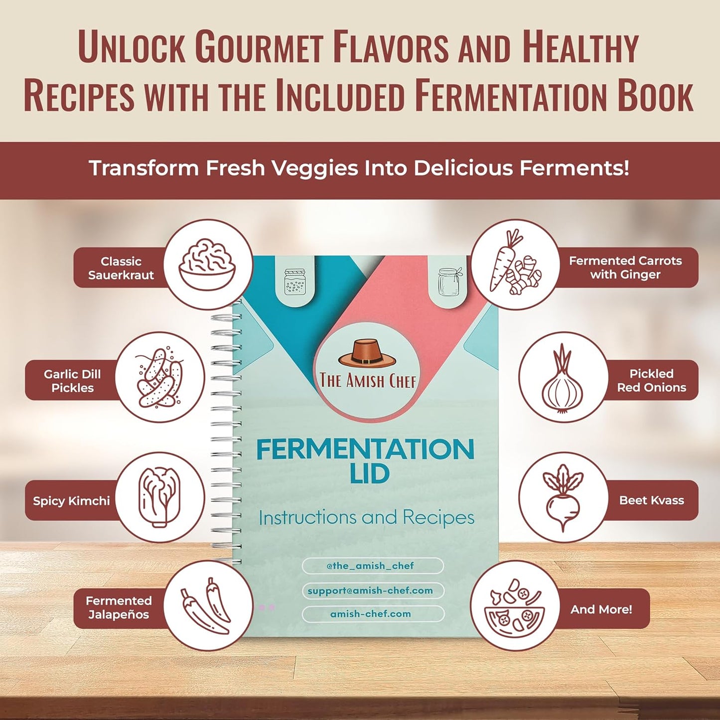 Fermentation Kit for Wide Mouth Mason Jar by The Amish Chef - Pickle Kit, Kimchi, Sauerkraut Making Kit - Fermentation Airlock Lids