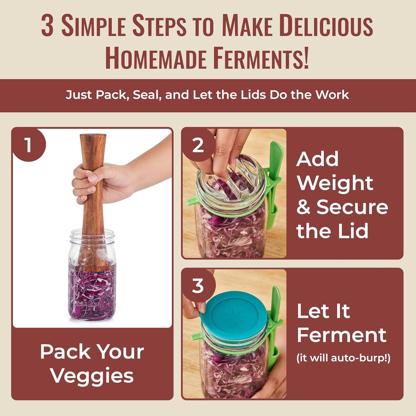 Fermentation Kit for Wide Mouth Mason Jar by The Amish Chef - Pickle Kit, Kimchi, Sauerkraut Making Kit - Fermentation Airlock Lids