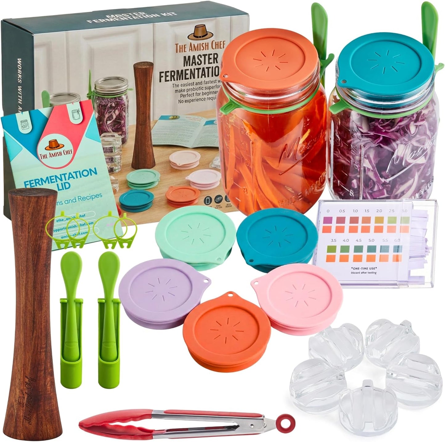 Fermentation Kit for Wide Mouth Mason Jar by The Amish Chef - Pickle Kit, Kimchi, Sauerkraut Making Kit - Fermentation Airlock Lids