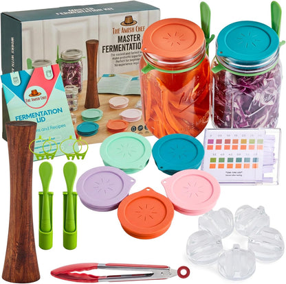 Fermentation Kit for Wide Mouth Mason Jar by The Amish Chef - Pickle Kit, Kimchi, Sauerkraut Making Kit - Fermentation Airlock Lids